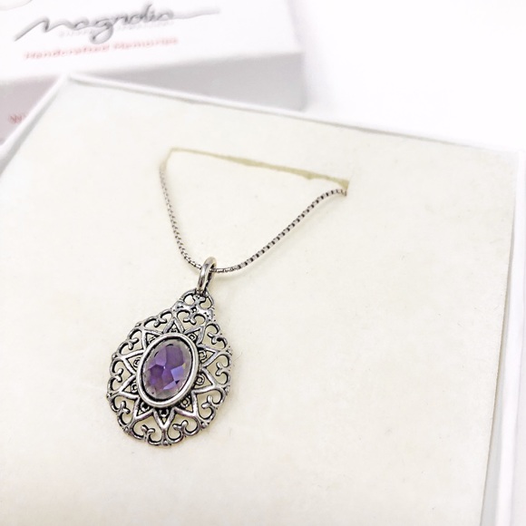 Purple Crystal Glass Silver Pendant Necklace - Picture 3 of 6